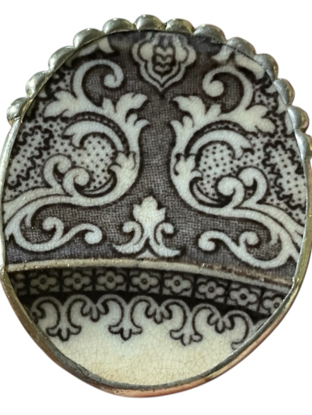 Vintage Transferware Style Pin Pendant Black White Porcelain Brooch Convertible